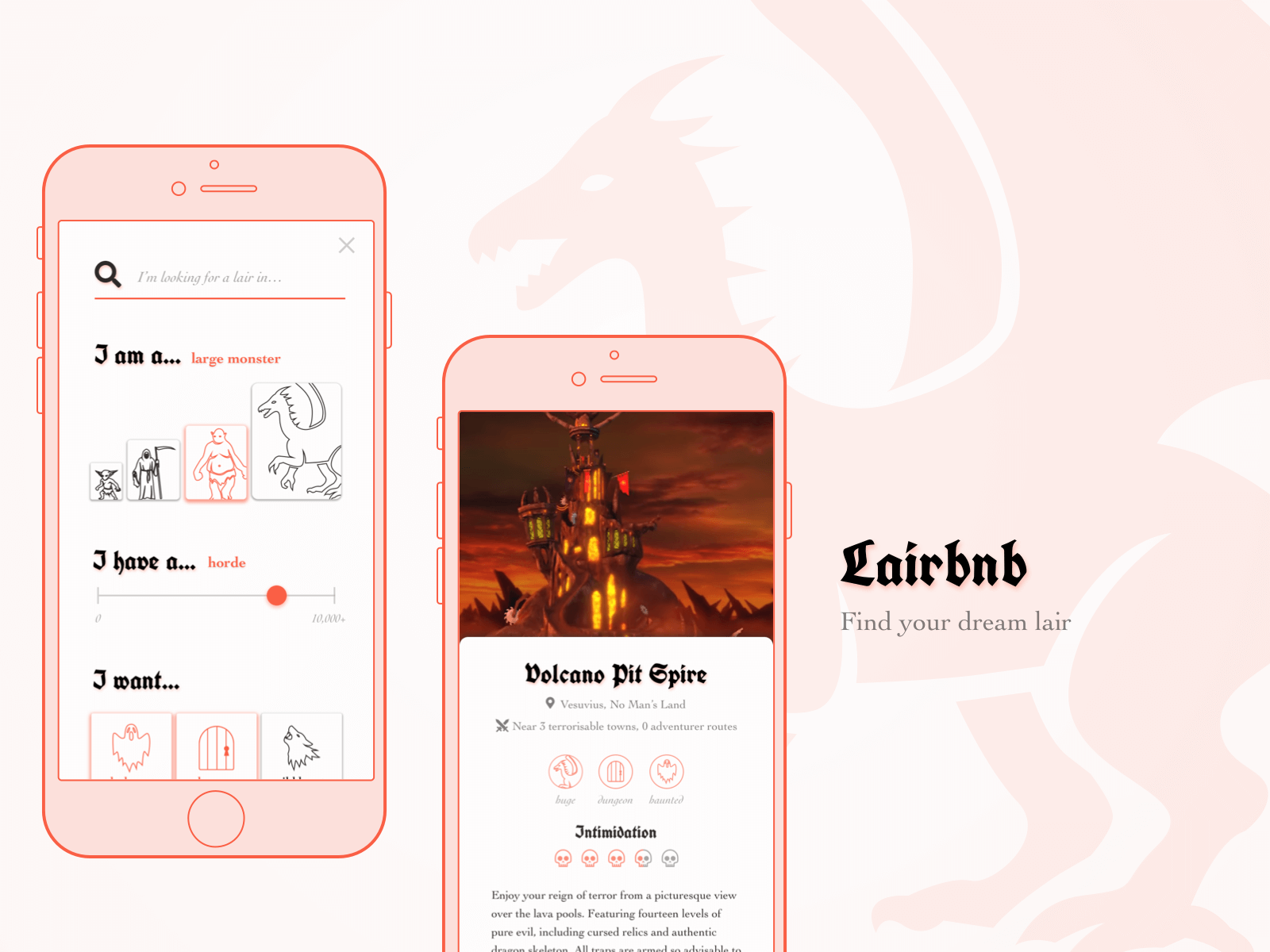Lairbnb app screenshots, showcasing how monsters can find their dream lair by selecting their needs and viewing properties.