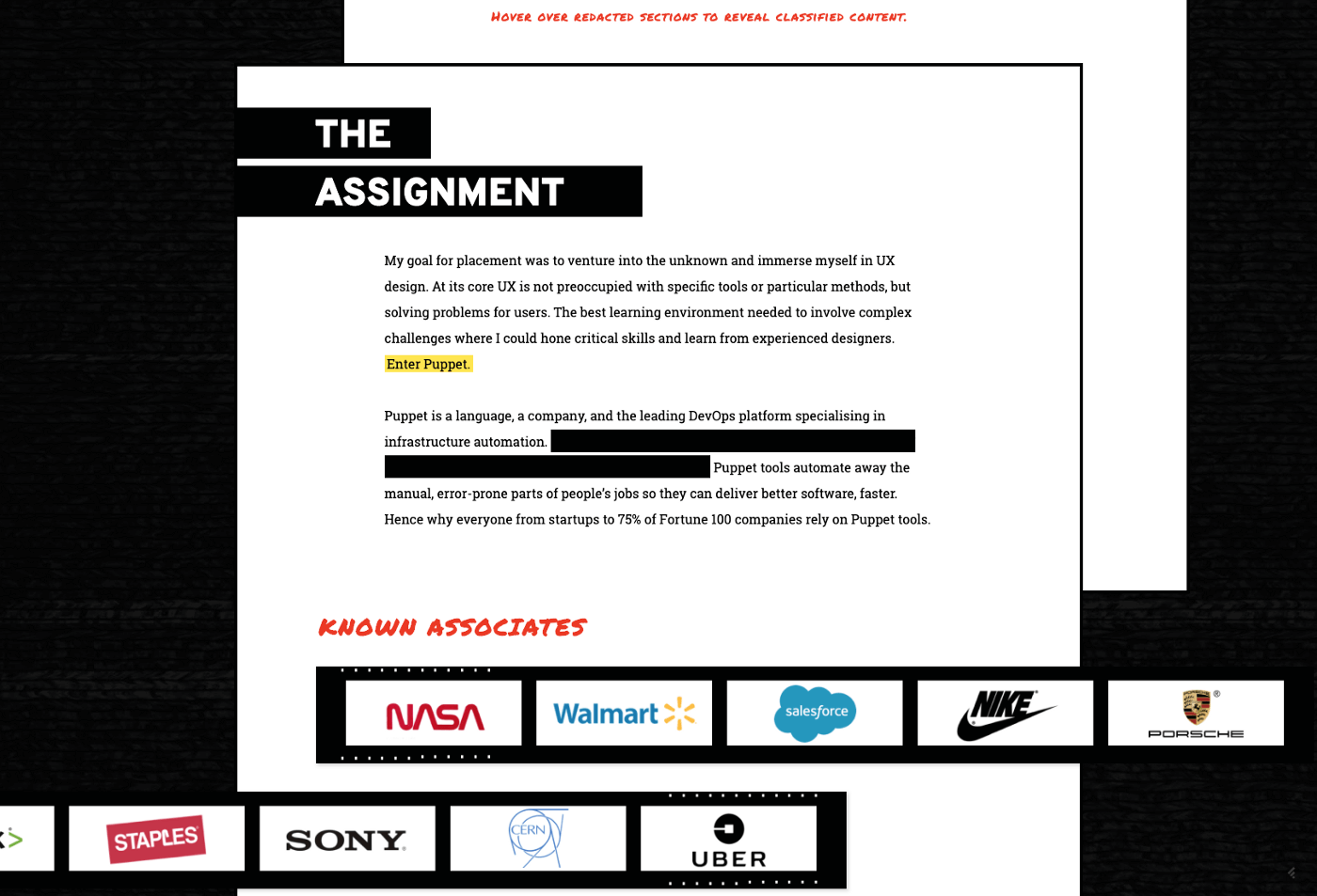 A web essay styled as declassified document for redacted segments.