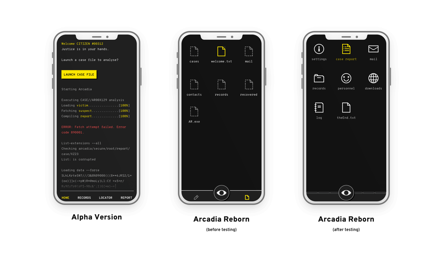 Three iterations of Arcadia, evolving the UI from text only to a simplified, desktop-style metaphor based on user testing.