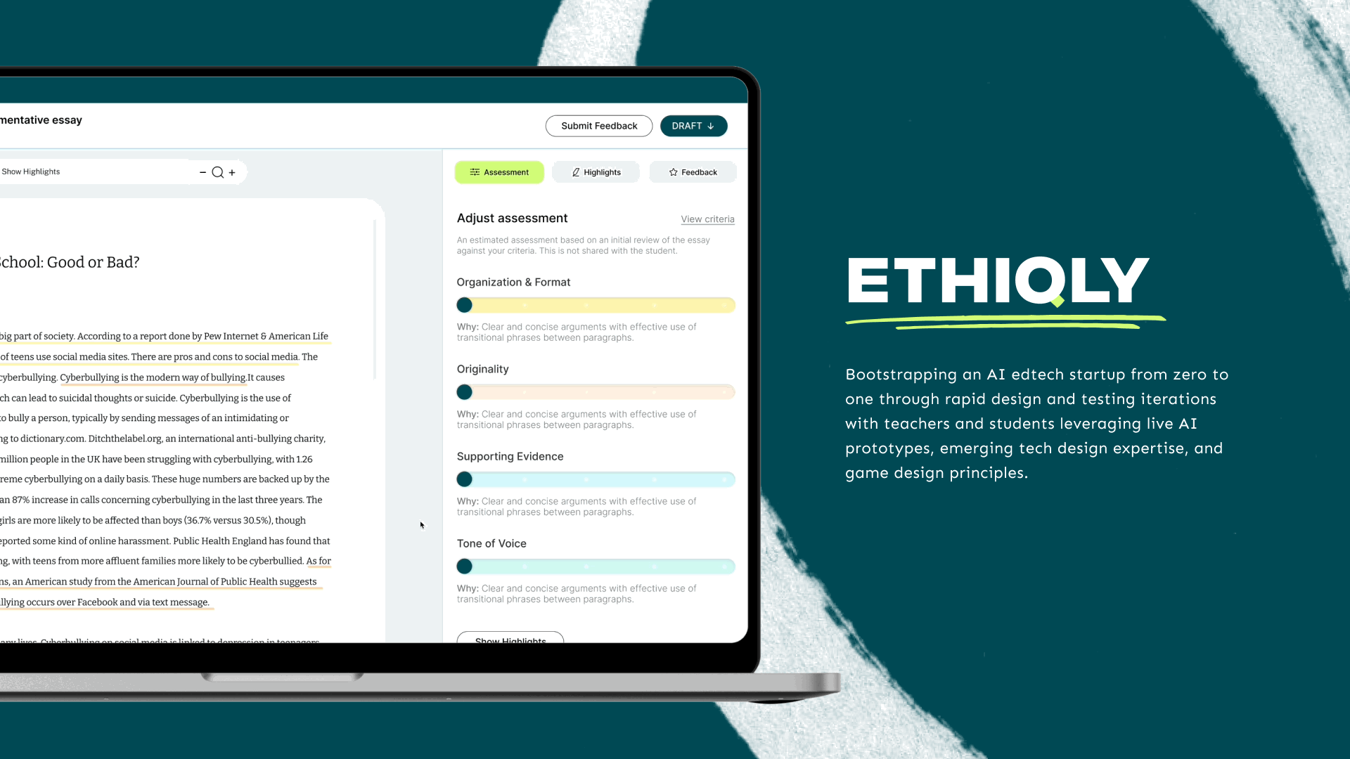 Introducing Ethiqly with a laptop previewing Ethiqly's assessment feature.